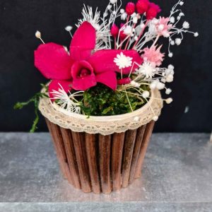 Pot sarments et orchidée fuchsia stabilisée
